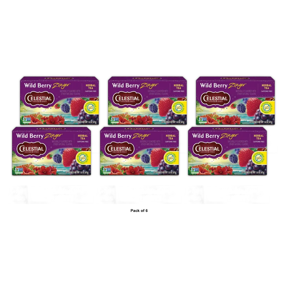 Celestial Seasonings Caffeine Free Wild Berry Zinger Natural Herbal Tea 20 Bags 1.7Oz (Pack Of 6)