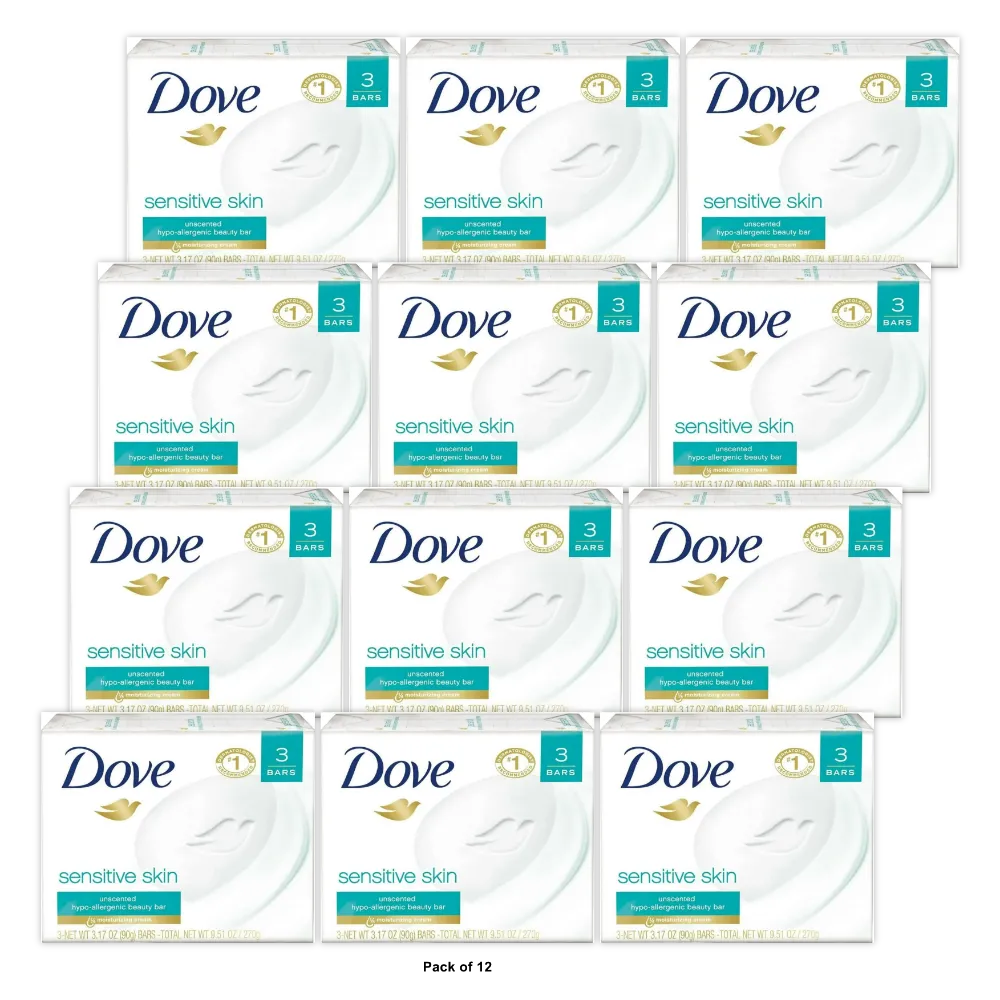 Dove Sensitive Skin Beauty Bar Unscented 3 Ea 3.17Oz (Pack of 12)