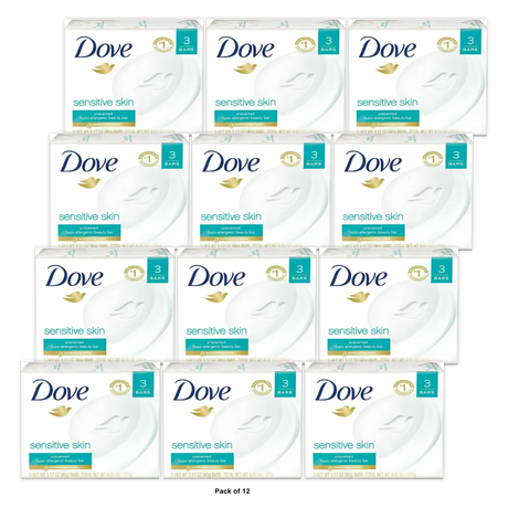 Dove Sensitive Skin Beauty Bar Unscented 3 Ea 3.17Oz (Pack of 12)