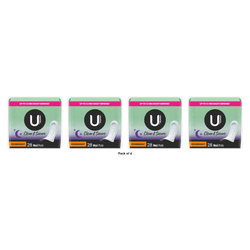 U by Kotex Clean & Secure Overnight Maxi Pads 28 Count 17.28oz (Pack of 4)