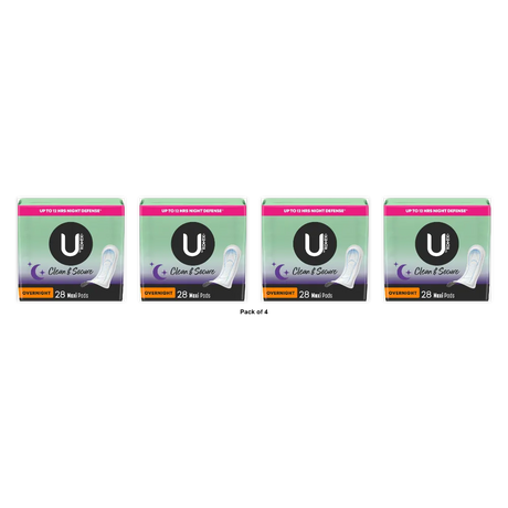 U by Kotex Clean & Secure Overnight Maxi Pads 28 Count 17.28oz (Pack of 4)
