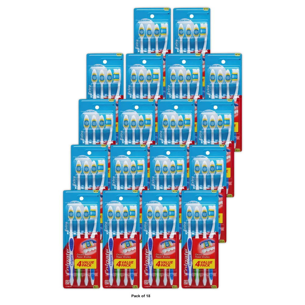 Colgate Extra Clean Flexible Grip Adult Manual Toothbrush, Medium, 4 Pack 2.56oz (Pack of 18)
