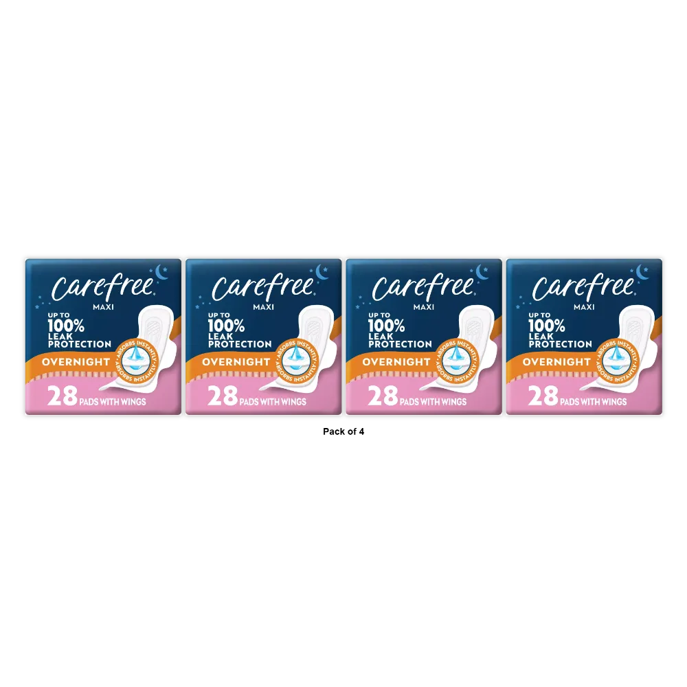 Carefree Maxi Pads for Women Overnight Pads With Wings 2 28ct 13.44oz (Pack of 4)