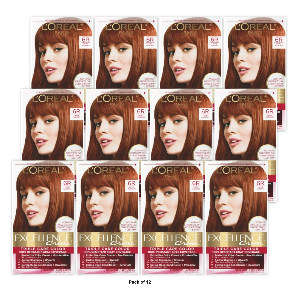 Loreal Excellence Triple Protection Hair Color Creme 6R Light Auburn1 Ea 10.4oz (Pack of 12)