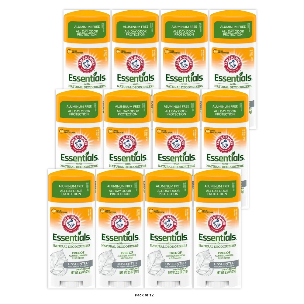 Arm and Hammer Essentials Natural Deodorant Unscented 2.5Oz (Pack of 12)
