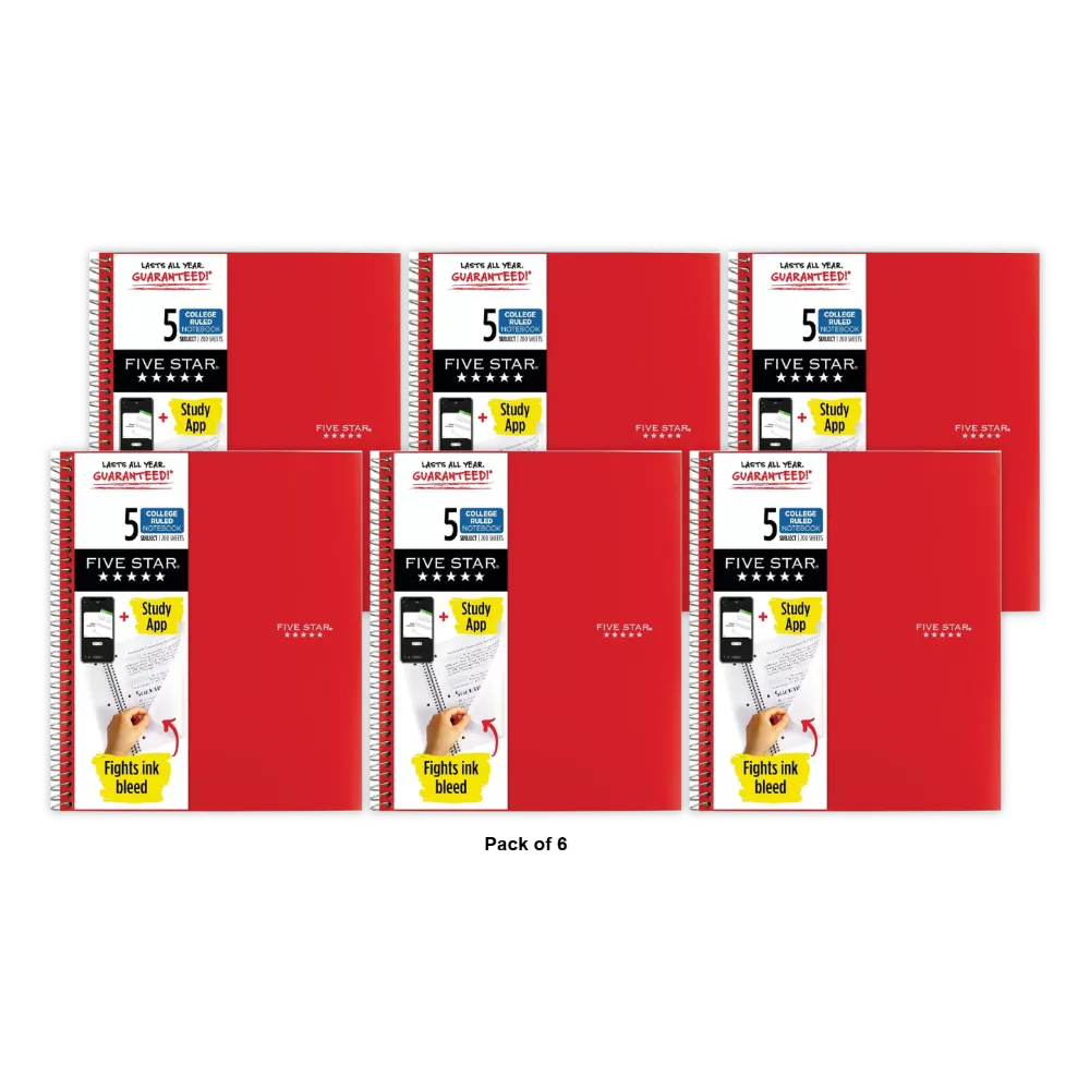 Mead Five Star 5 Subject Wirebound Notebooks 200 Sheets Assorted Colors 29.28oz (Pack of 6)