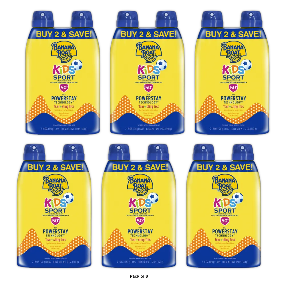 Banana Boat Kids Sport Sunscreen Lotion Spray Twin Pack SPF 50 6Oz (Pack of 6)