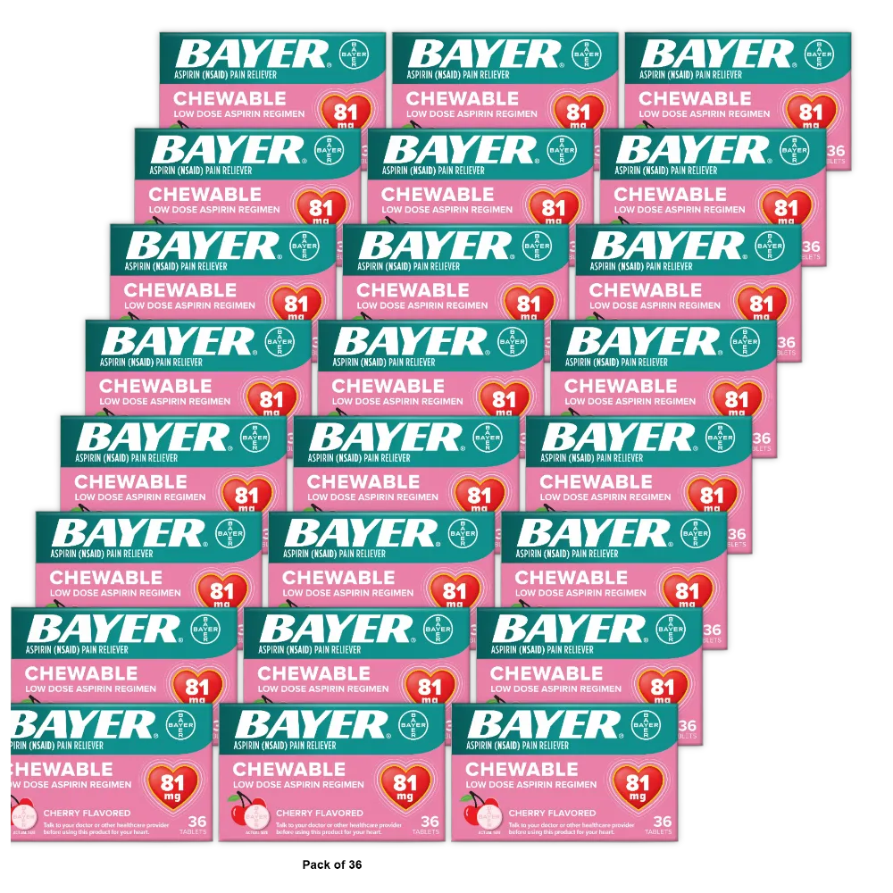 BAYER CHEWABLE ASPIRIN PAIN RELIEVER Low Dose Aspirin CHERRY FLAVORED 36 TABLETS 1.18oz (Pack of 36)
