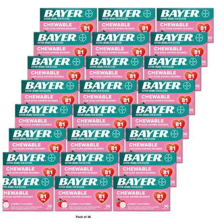 BAYER CHEWABLE ASPIRIN PAIN RELIEVER Low Dose Aspirin CHERRY FLAVORED 36 TABLETS 1.18oz (Pack of 36)