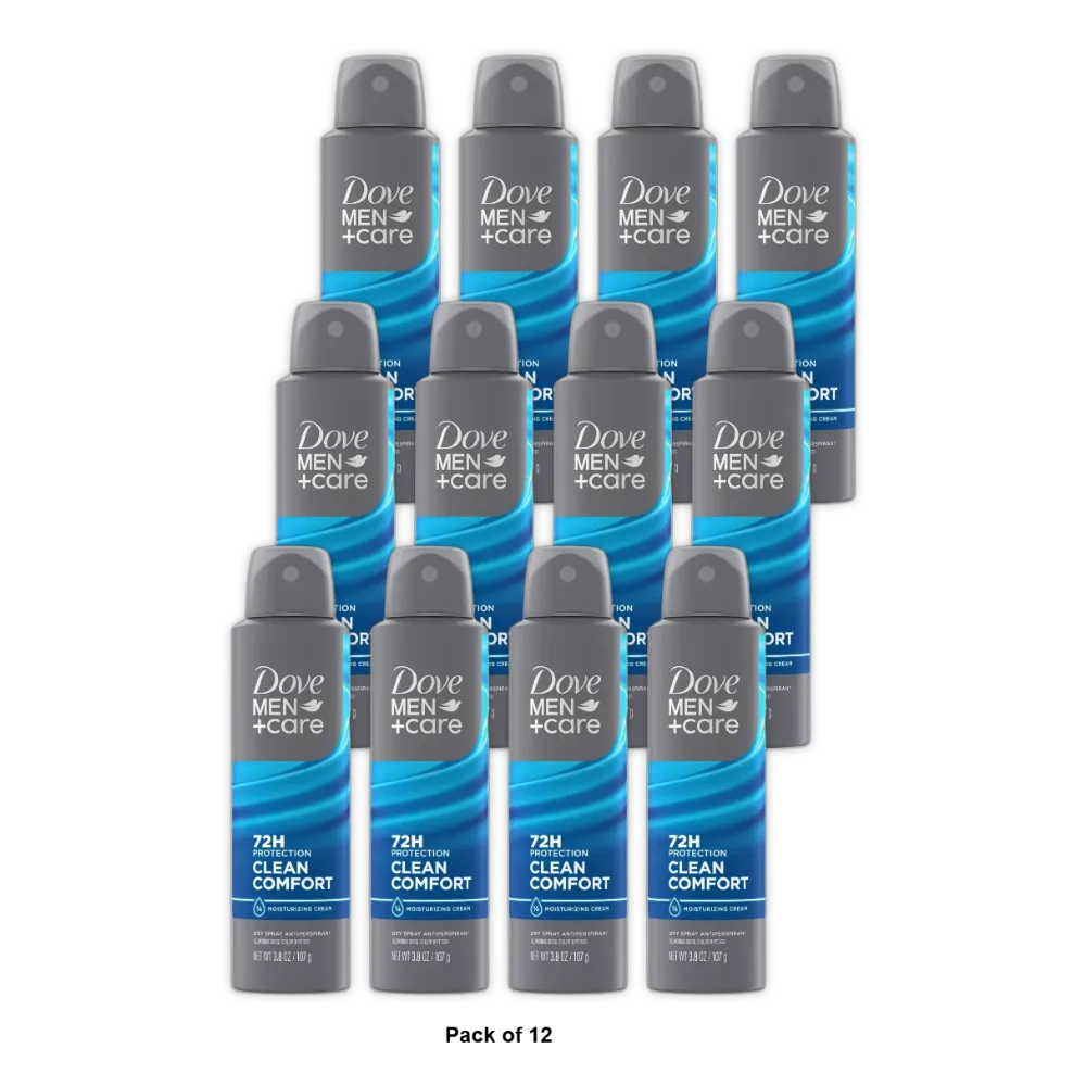 Dove Men Plus Care Clean Comfort 72-Hour Antiperspirant Deodorant Dry Spray 3.8Oz (Pack of 12)
