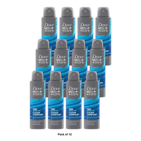 Dove Men Plus Care Clean Comfort 72-Hour Antiperspirant Deodorant Dry Spray 3.8Oz (Pack of 12)