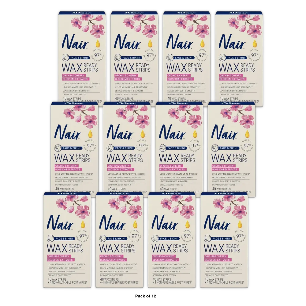 Nair Wax Ready To Use Strips For Face and Bikini 3.2Oz (Pack of 12)