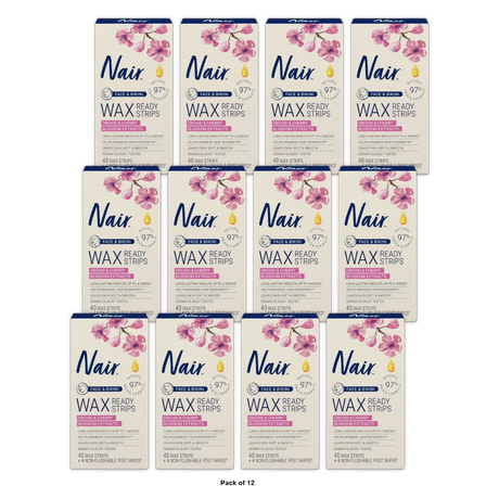 Nair Wax Ready To Use Strips For Face and Bikini 3.2Oz (Pack of 12)