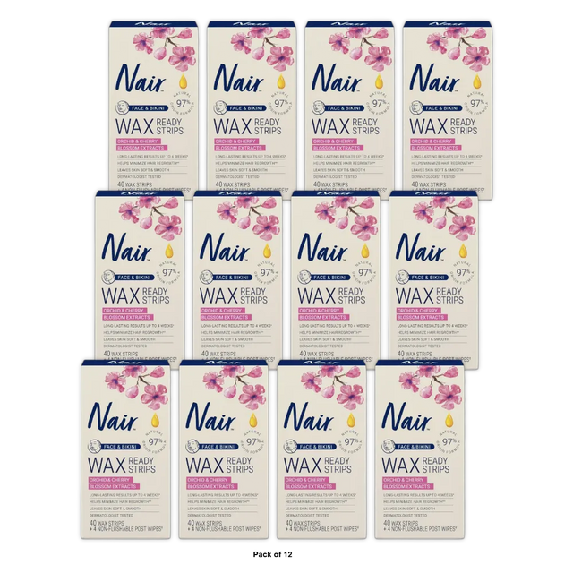 Nair Wax Ready To Use Strips For Face and Bikini 3.2Oz (Pack of 12)