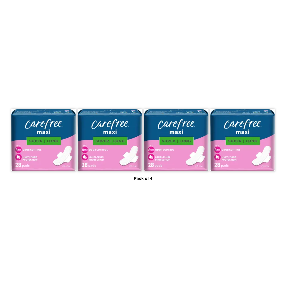 Carefree Maxi Pads for Women Super/Long Pads With Wings 28ct 11.99oz (Pack of 4)