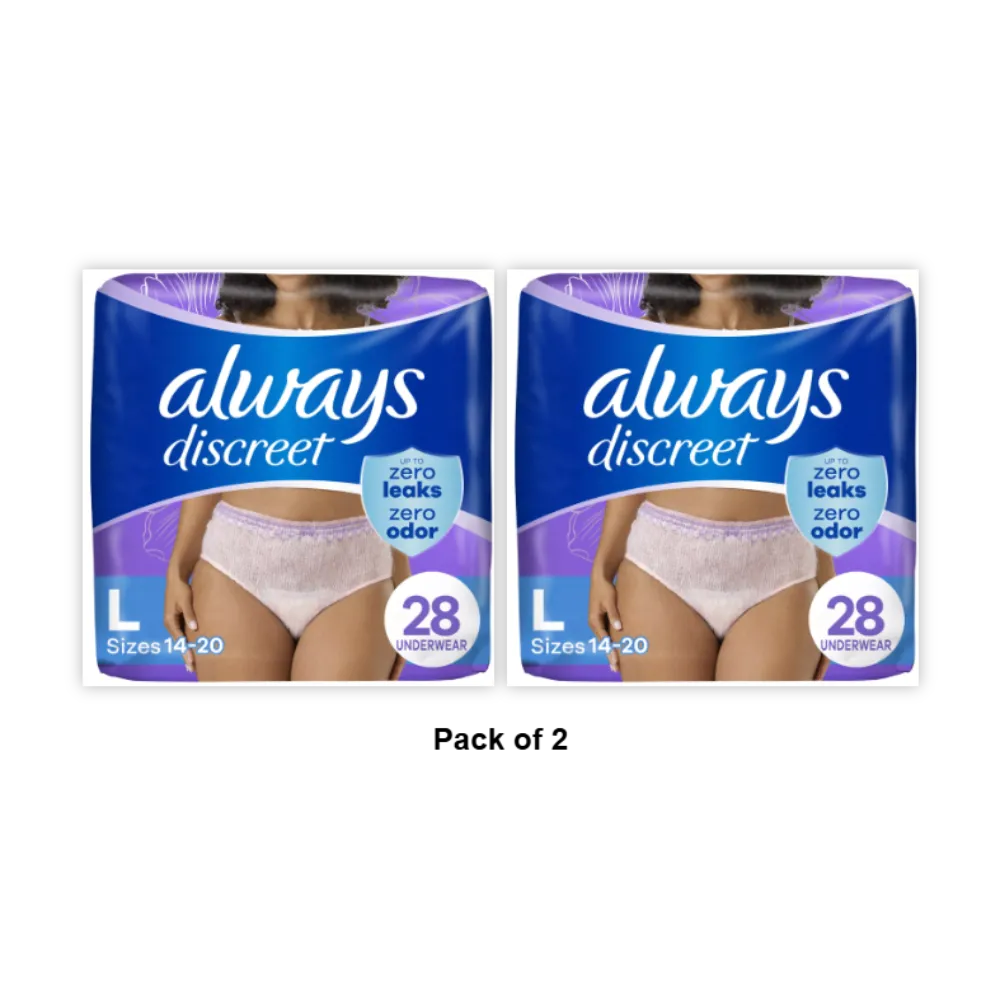 Always Discreet Incontinence &amp; Postpartum Underwear for Women Maximum Large 28 Count 65.24oz (Pack of 2)