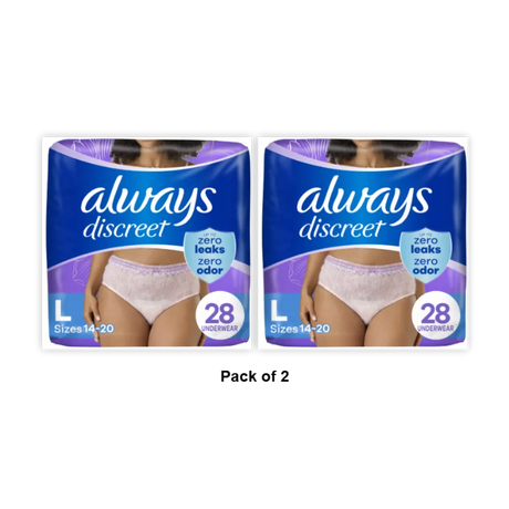 Always Discreet Incontinence &amp; Postpartum Underwear for Women Maximum Large 28 Count 65.24oz (Pack of 2)
