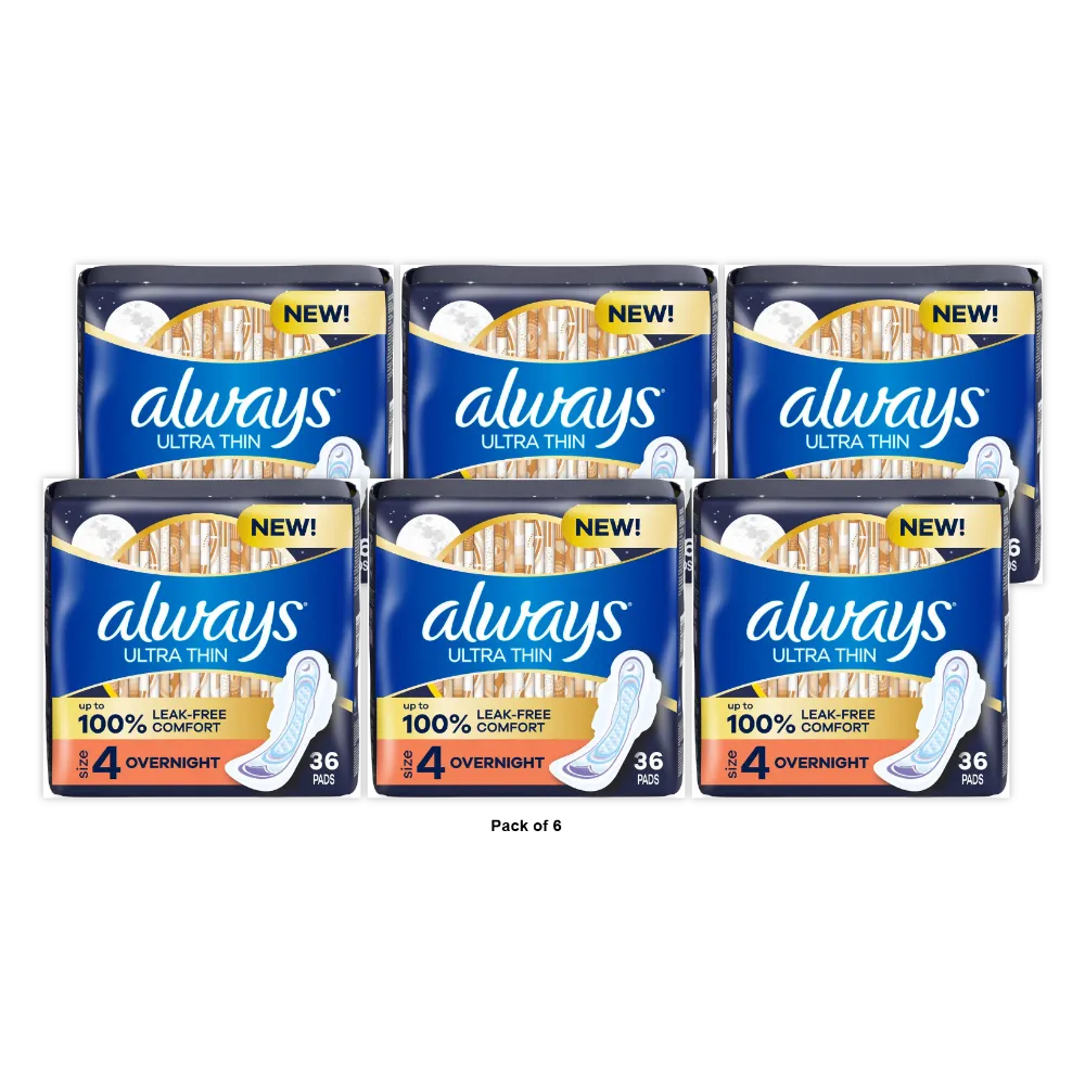 Always Ultra Thin Overnight Pads Unscented, Size 4, Overnight - 36.0 ea 12.6oz (Pack of 6)