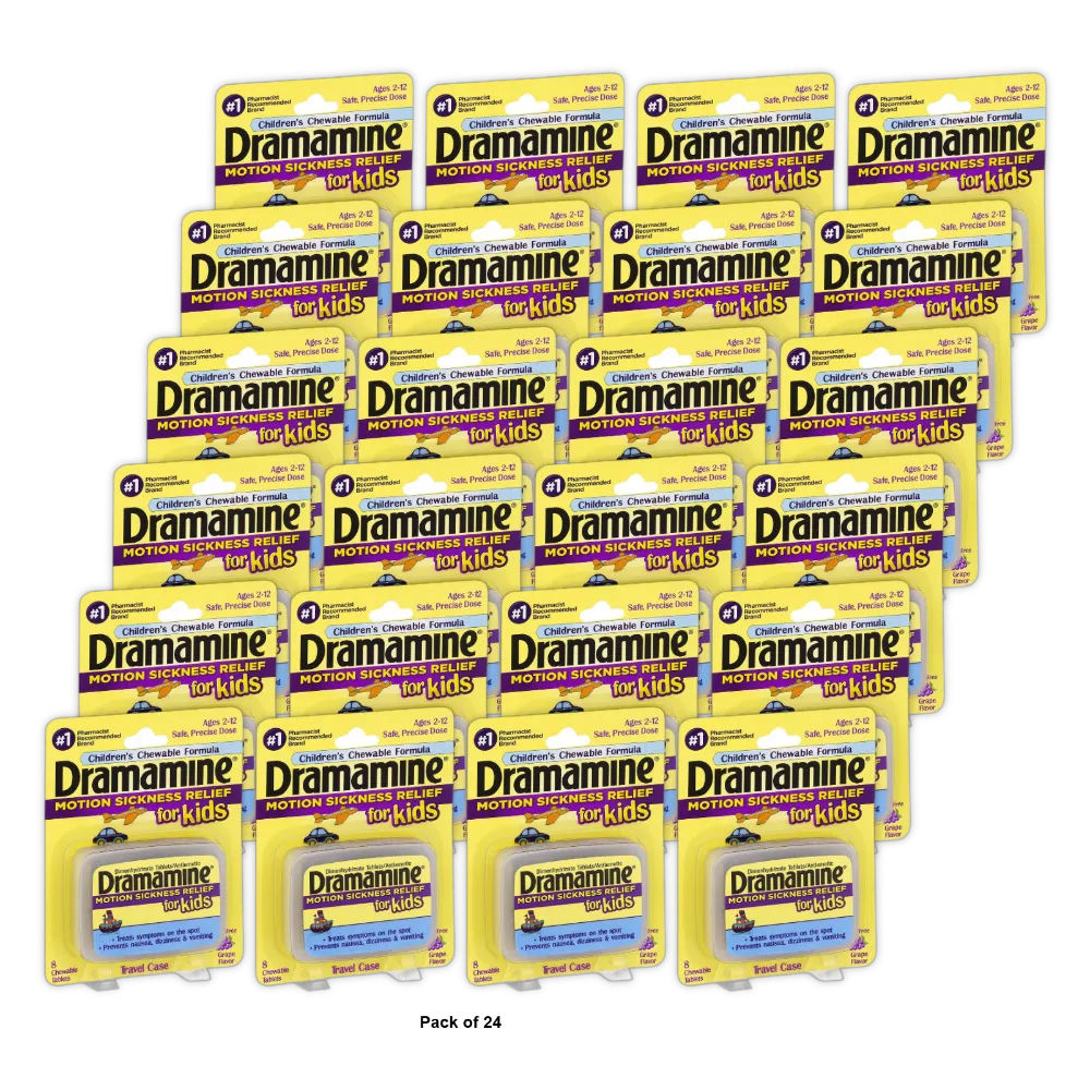 Dramamine Motion Sickness Relief Chewable Tablets For Kids Grape Flavor8 Ea 1.28oz (Pack of 24)