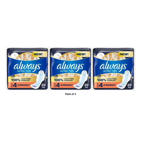 Always Ultra Thin Pads Size 4 Overnight Absorbency Unscented with Wings,11.84 oz 50 Ct (Pack of 3)