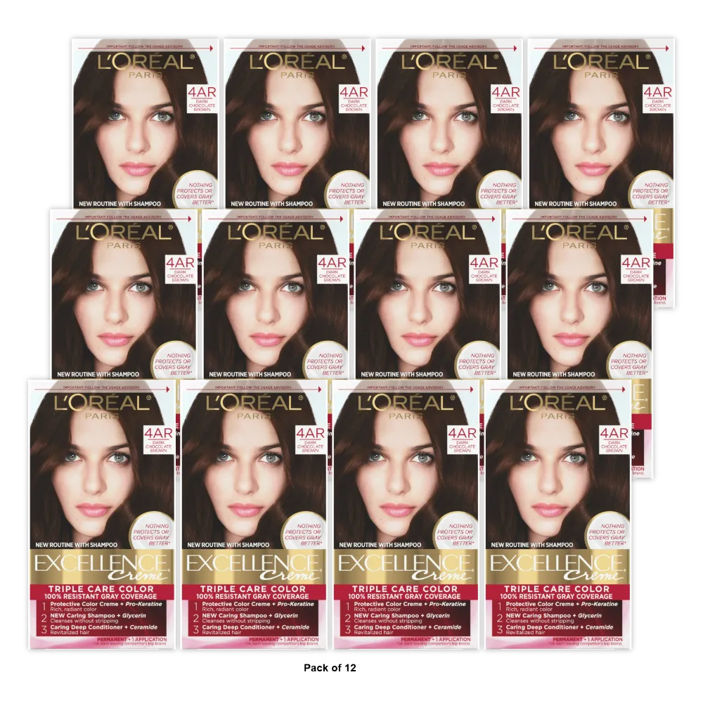 Loreal Excellence Triple Protection Hair Color Creme 4Ar Dark Chocolate BrownKit 10.4oz (Pack of 12)