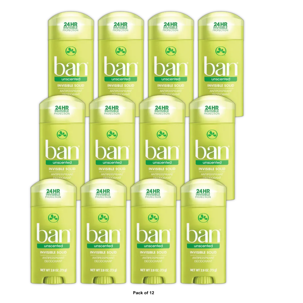 Ban Invisible Solid Anti-Perspirant And Deodorant Unscented Intensely Fresh 2.6Oz (Pack of 12)