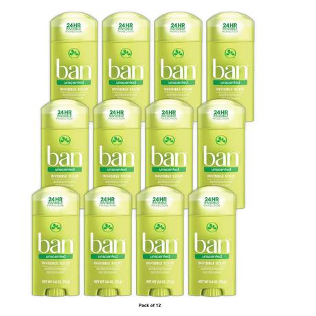 Ban Invisible Solid Anti-Perspirant And Deodorant Unscented Intensely Fresh 2.6Oz (Pack of 12)