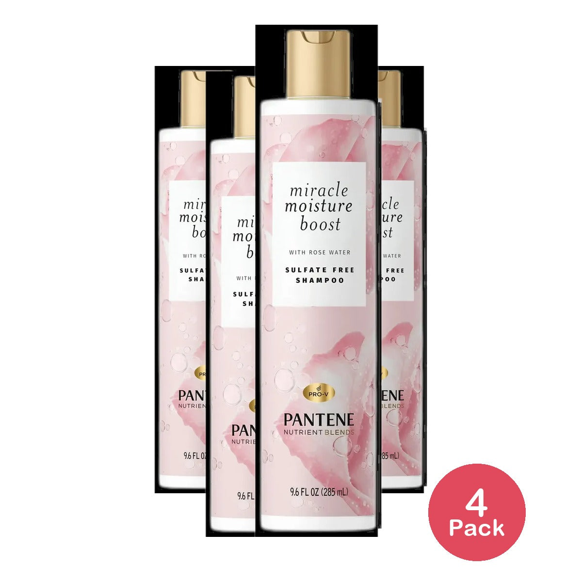 Pantene Nutrient Blends Miracle Moisture Boost Rose Water Shampoo for Dry Hair Sulfate Free Floral 9.6 Fl Oz (Pack of 4)