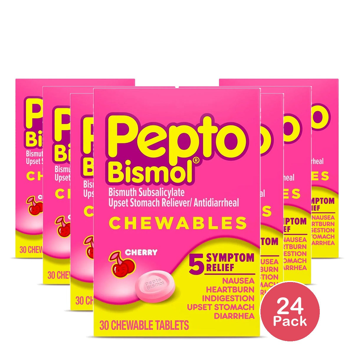 Pepto-Bismol Tablets Cherry Relieves Heartburn30 Each 1.44Oz (Pack of 24)