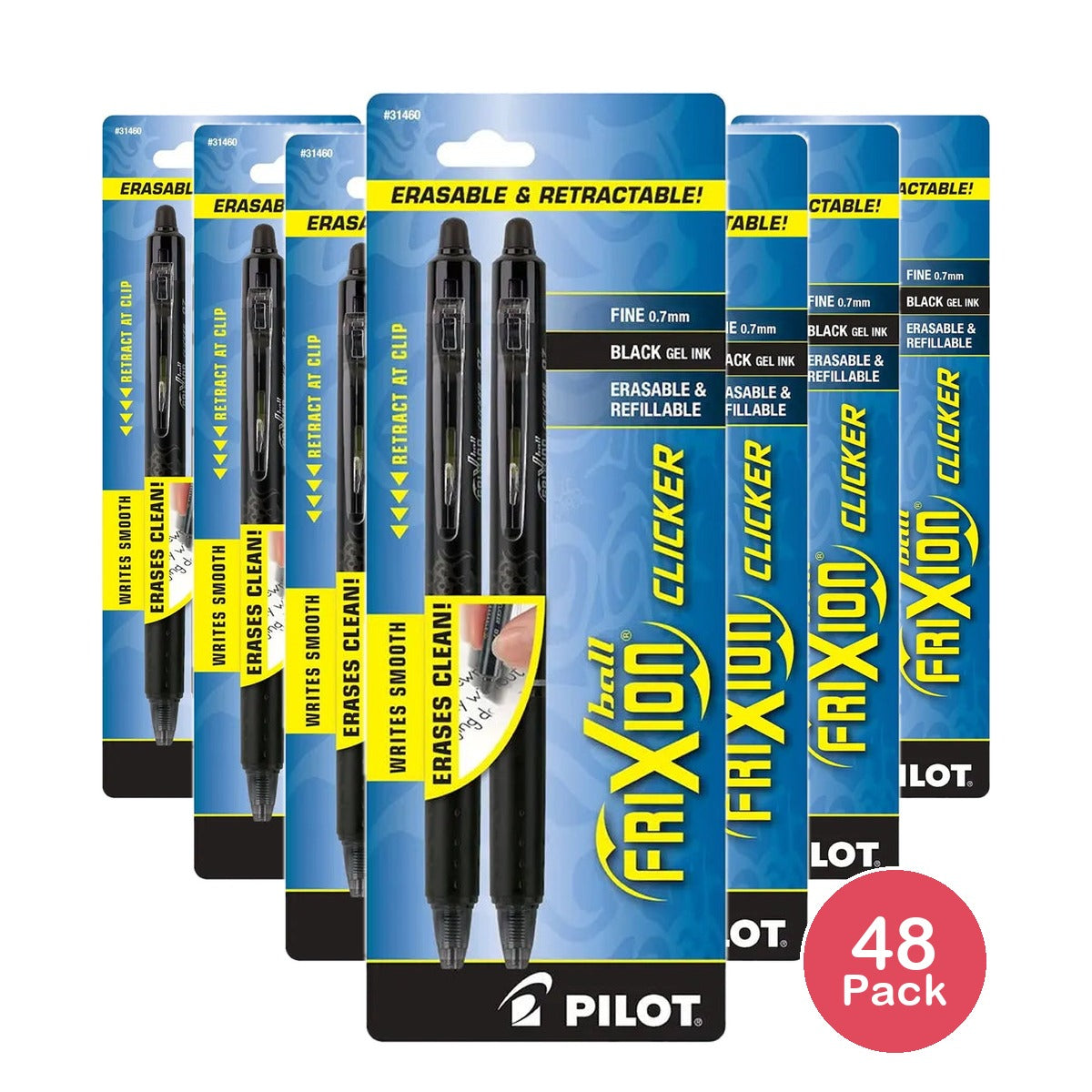 Pilot FriXion Clicker Erasable and Retractable Gel Ink Pens Fine Point 0.7 mm Black Ink 0.352oz (Pack of 48)