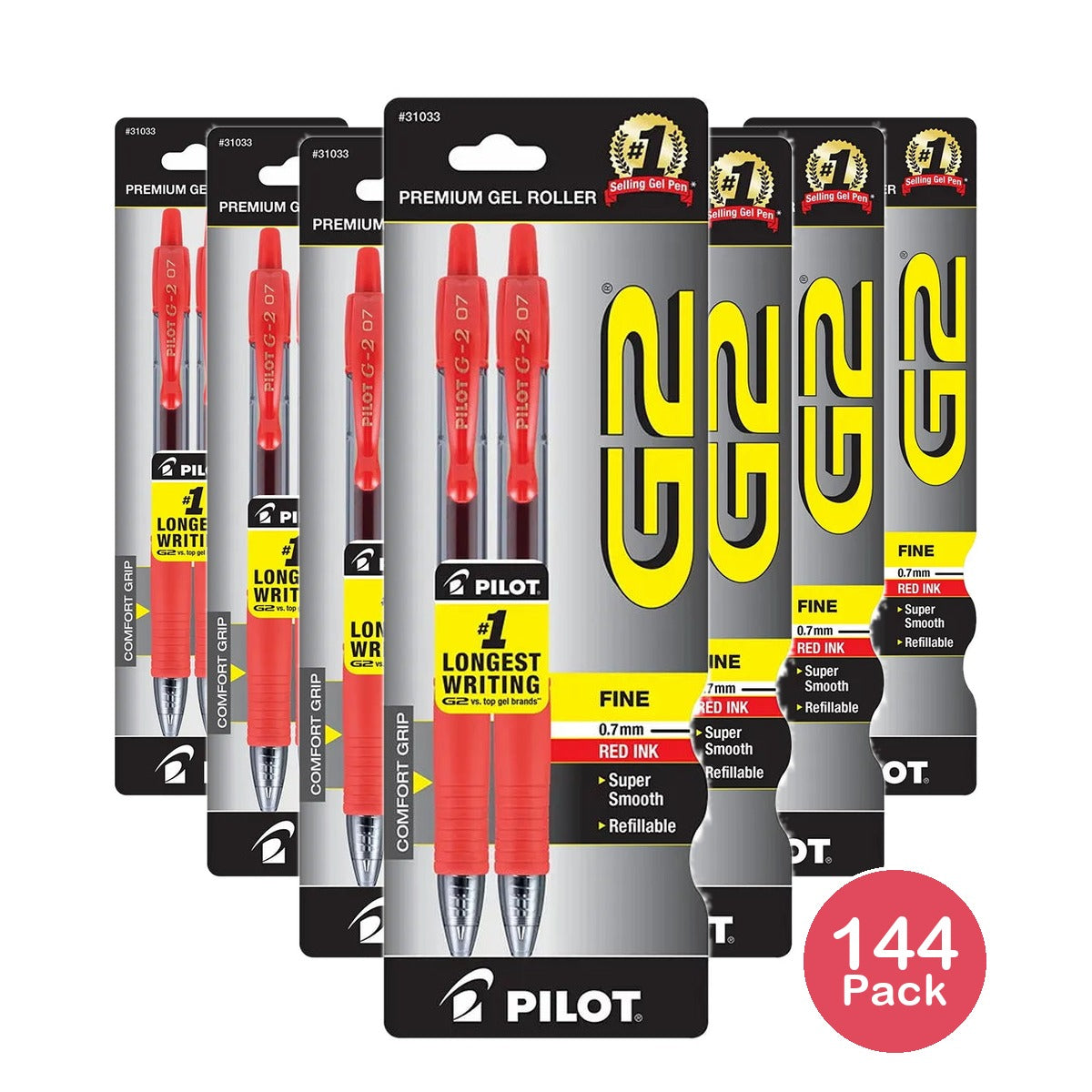 Pilot G2 Premium Gel Roller Pens Fine Point 0.7 mm Red Ink 0.634oz (Pack of 144)