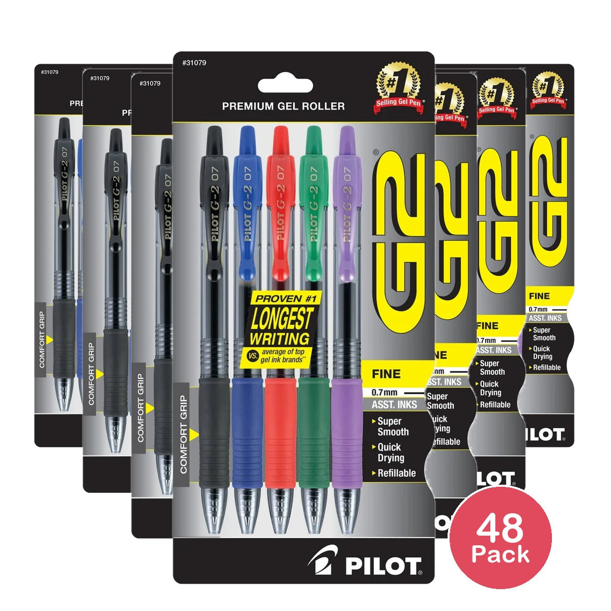 Pilot G2 Premium Retractable Gel Ink Pens Fine Point (0.7 mm) Assorted Ink 5 (Pack of 48)