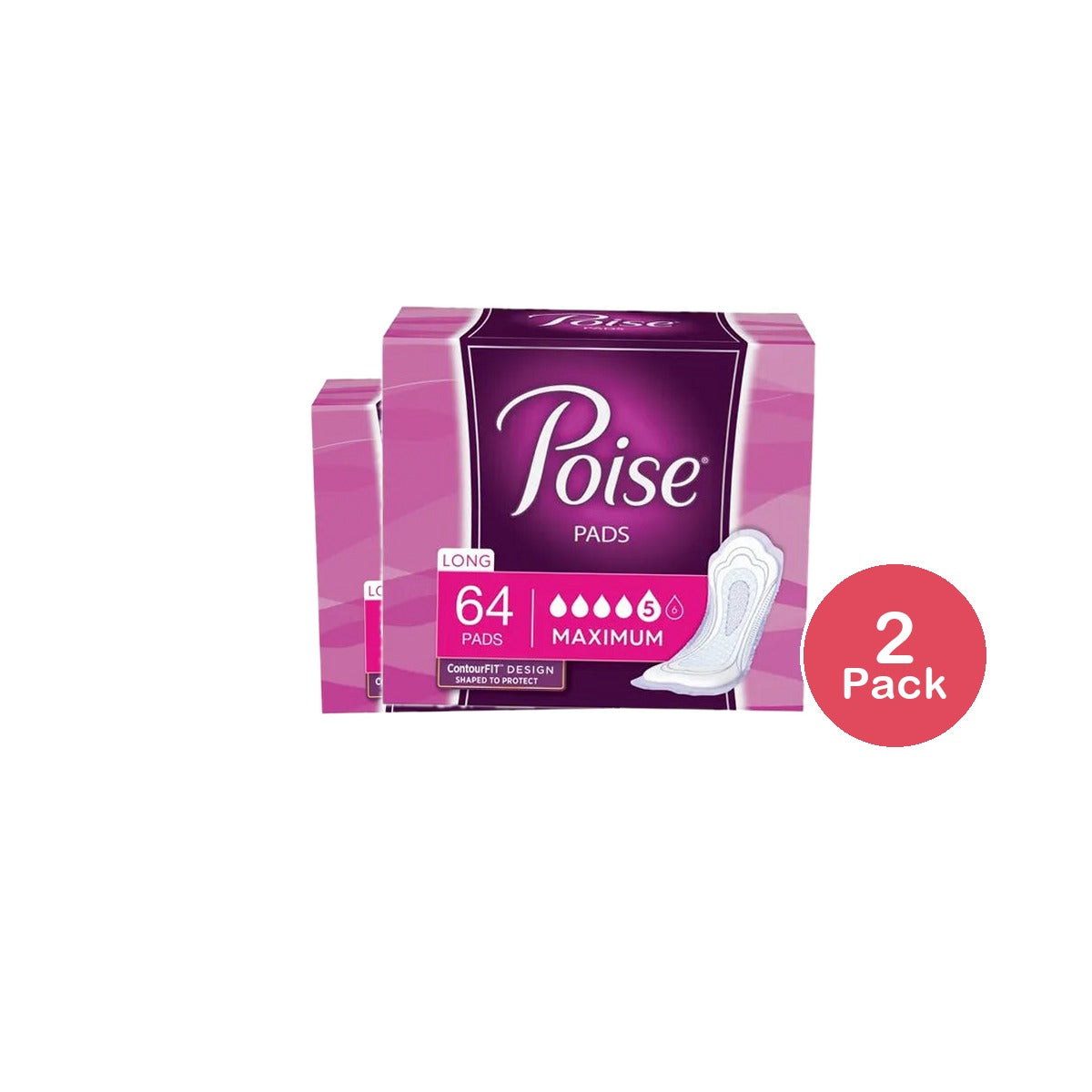 Poise Incontinence Pads & Postpartum Incontinence Pads 5 Drop Maximum Absorbency Long Length 64 Count 16oz (Pack of 2)