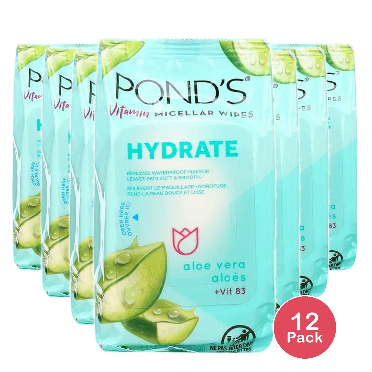 Ponds Vitamin Micellar Hydrate Facial Wipes Vitamin B3 And Aloe Vera 6.2oz (Pack of 12)