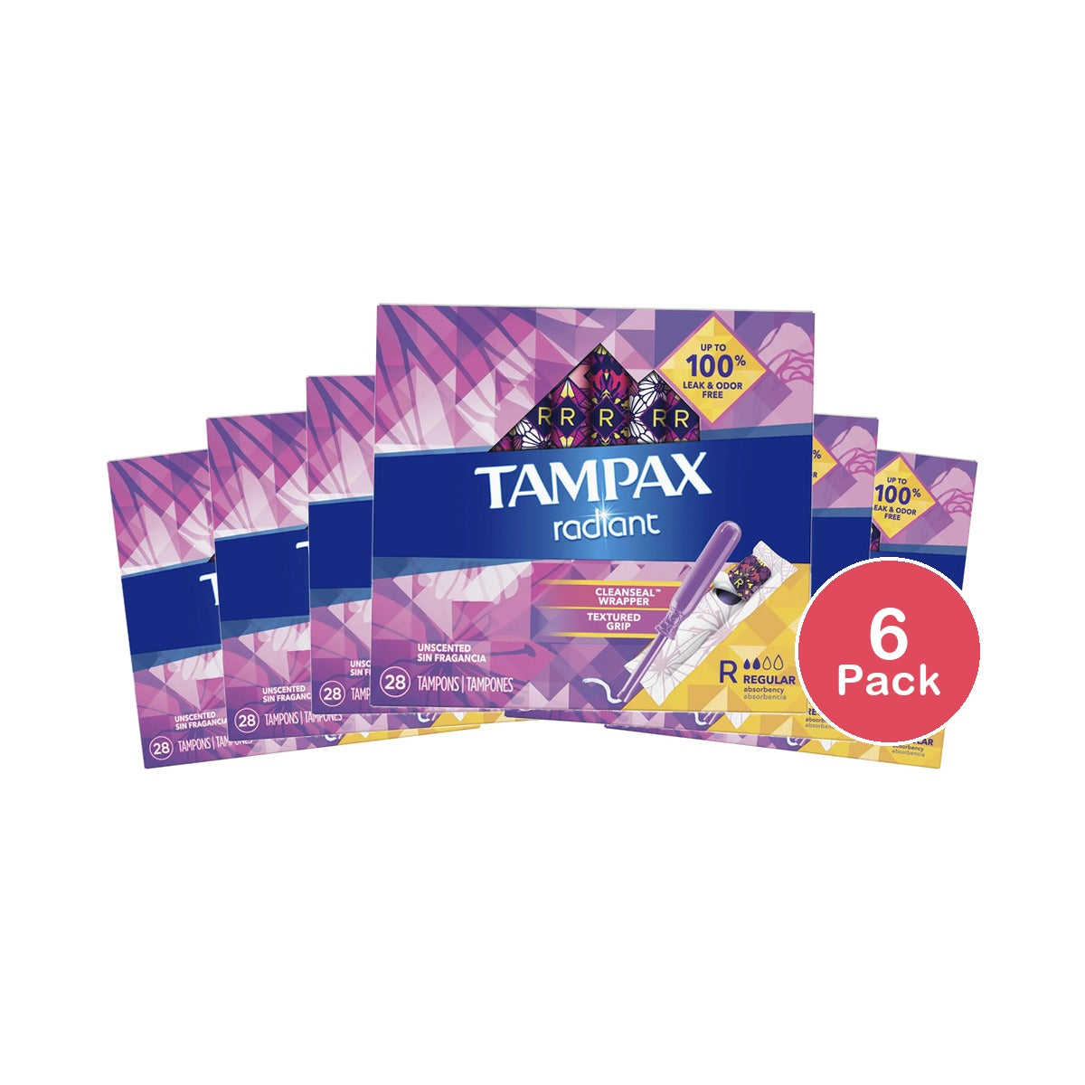 Radiant Regular Absorbency Unscented Plastic Tampons by Tampax 6.56Oz (Pack of 6)