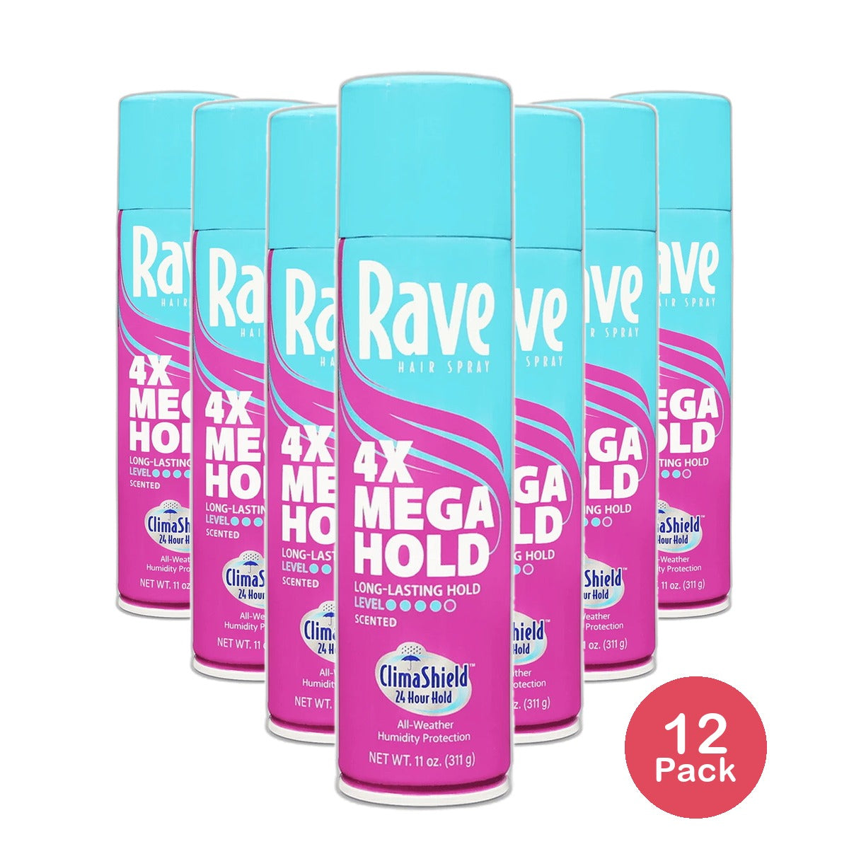 Rave 4X Mega Humidity Resistant Aerosol Hair Spray 11Oz (Pack of 12)