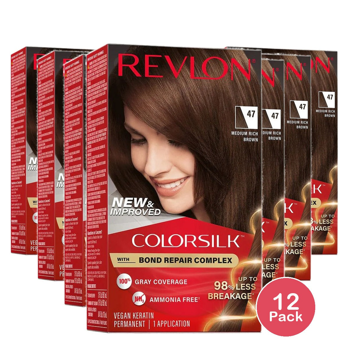 Revlon ColorSilk Permanent Hair Color 47 Medium Rich Brown 4.4 Oz (Pack of 12)