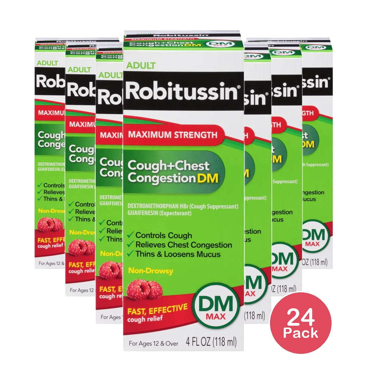 Robitussin Maximum Strength Cough + Chest Congestion DM Relief Liquid Raspberry-Flavor 4Oz (Pack of 24)