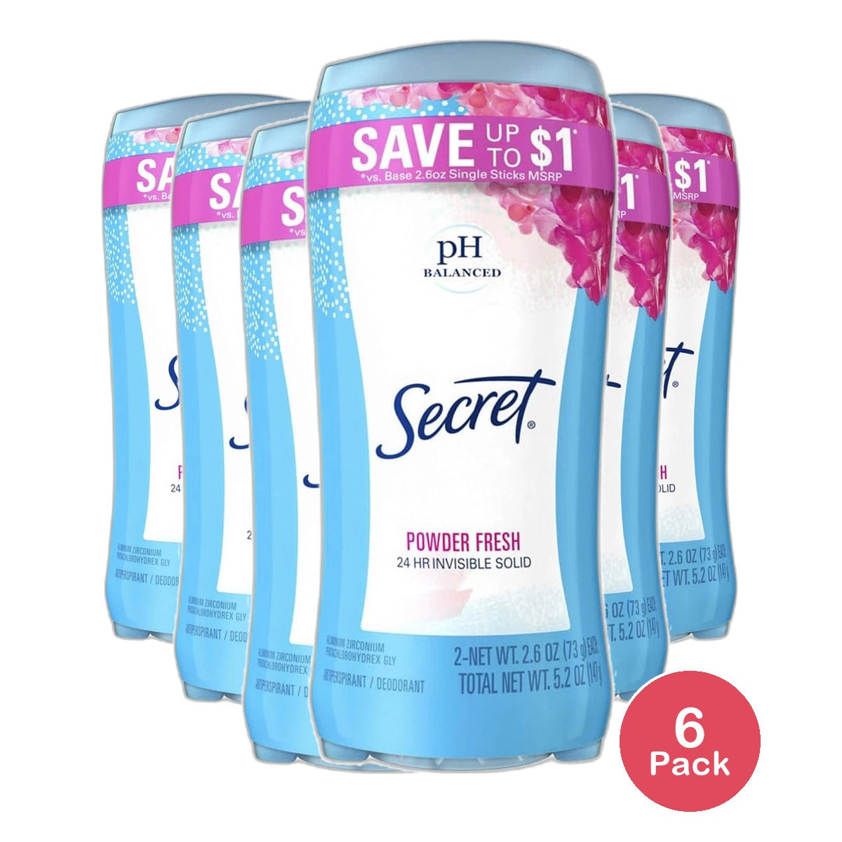 Secret Invisible Solid Powder Fresh Deodorant 5.2Oz (Pack of 6)