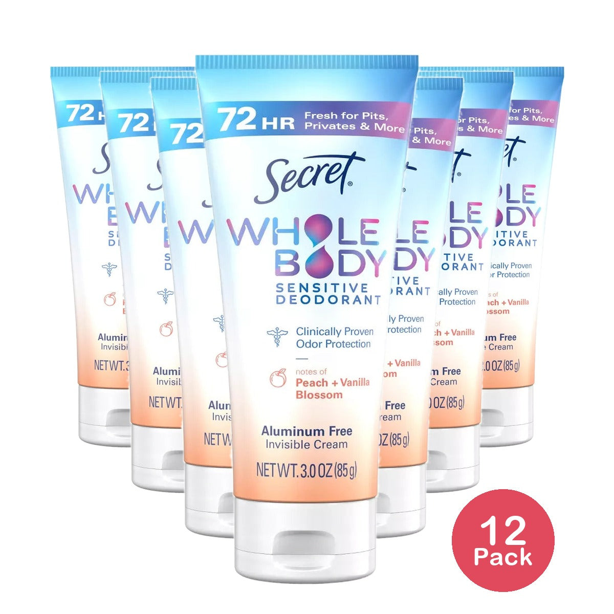 Secret Whole Body Deodorant Clear Cream - Peach & Vanilla - Aluminum-Free 3 OZ (Pack of 12)