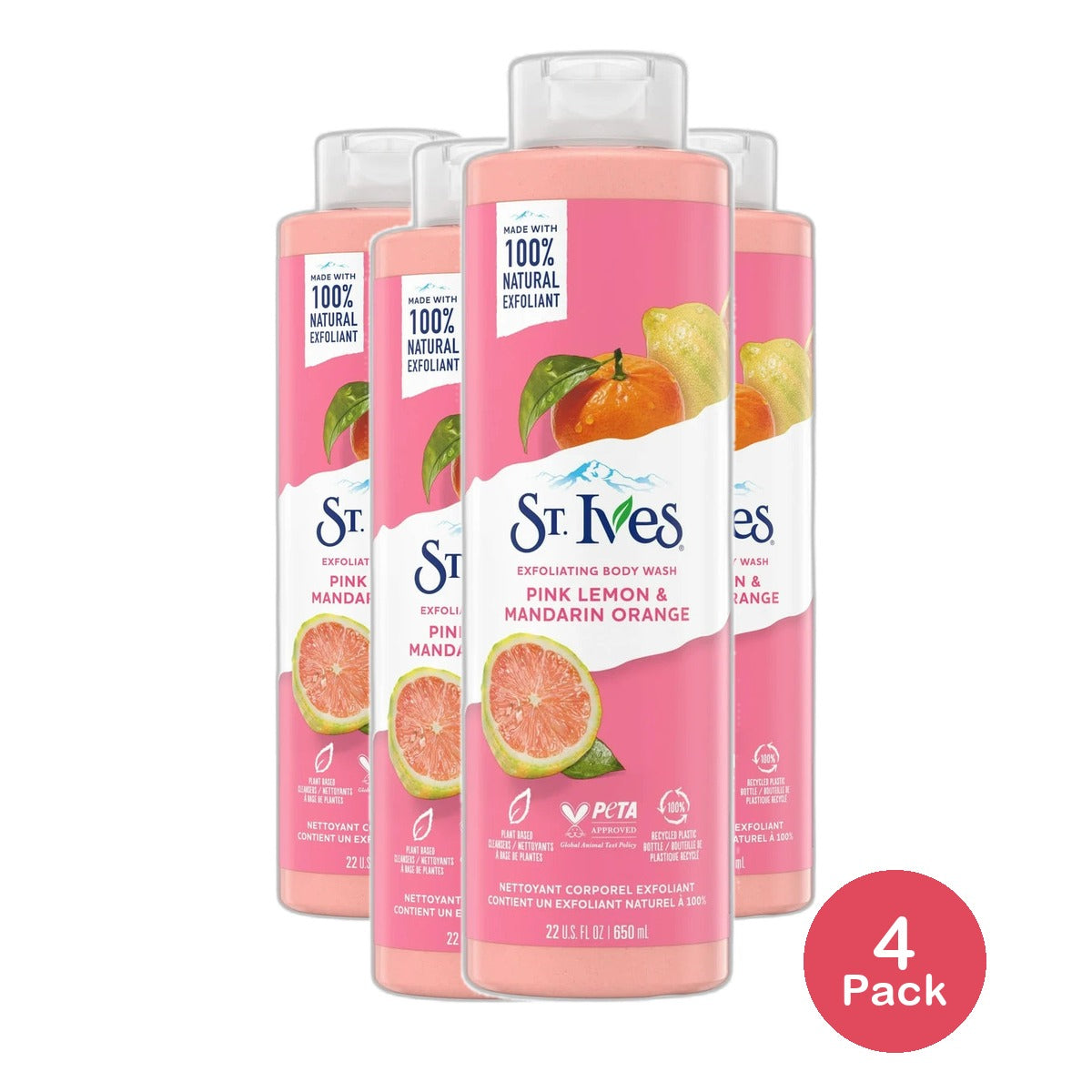 St. Ives Natural Body Wash Soap Pink Lemon And Mandarin Orange 22Oz (Pack of 4)