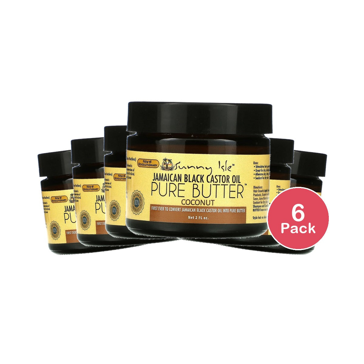 Sunny Isle Jamaican Black Castor Oil, Pure Butter, Coconut, 2 fl oz (Pack of 6)