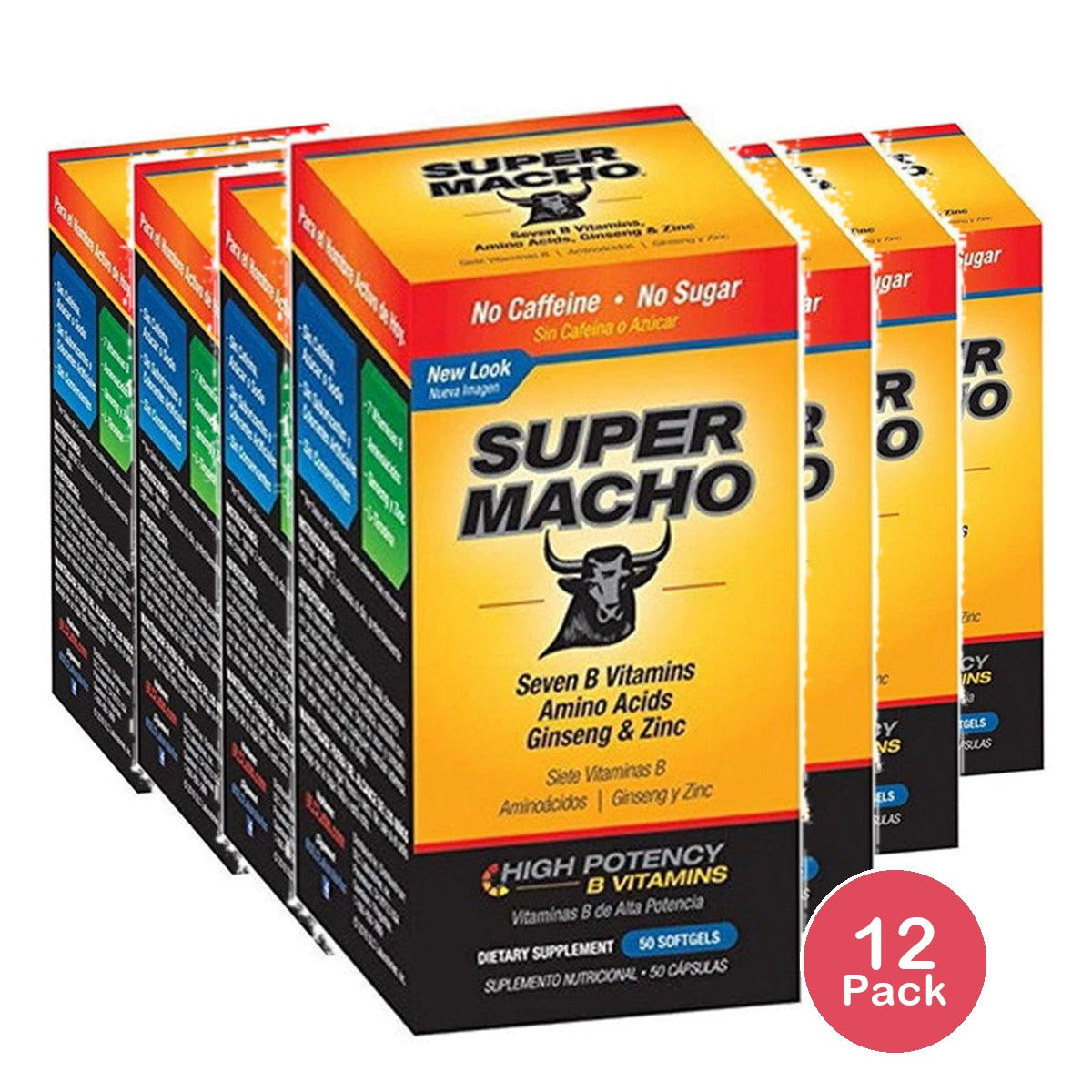 SUPER MACHO Natural Vitamin B Supplement with Amino Acids Ginseng & Zinc for Ad (Pack of 12)