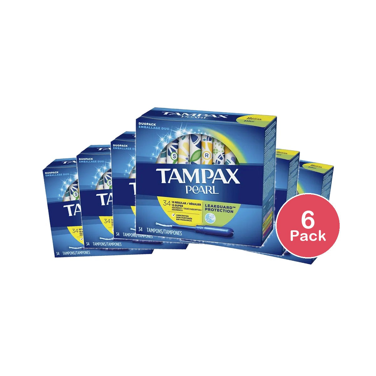 Tampax Pearl Duopack Plastic Tampons Regular and Super Unscented 7.58Oz (Pack of 6)