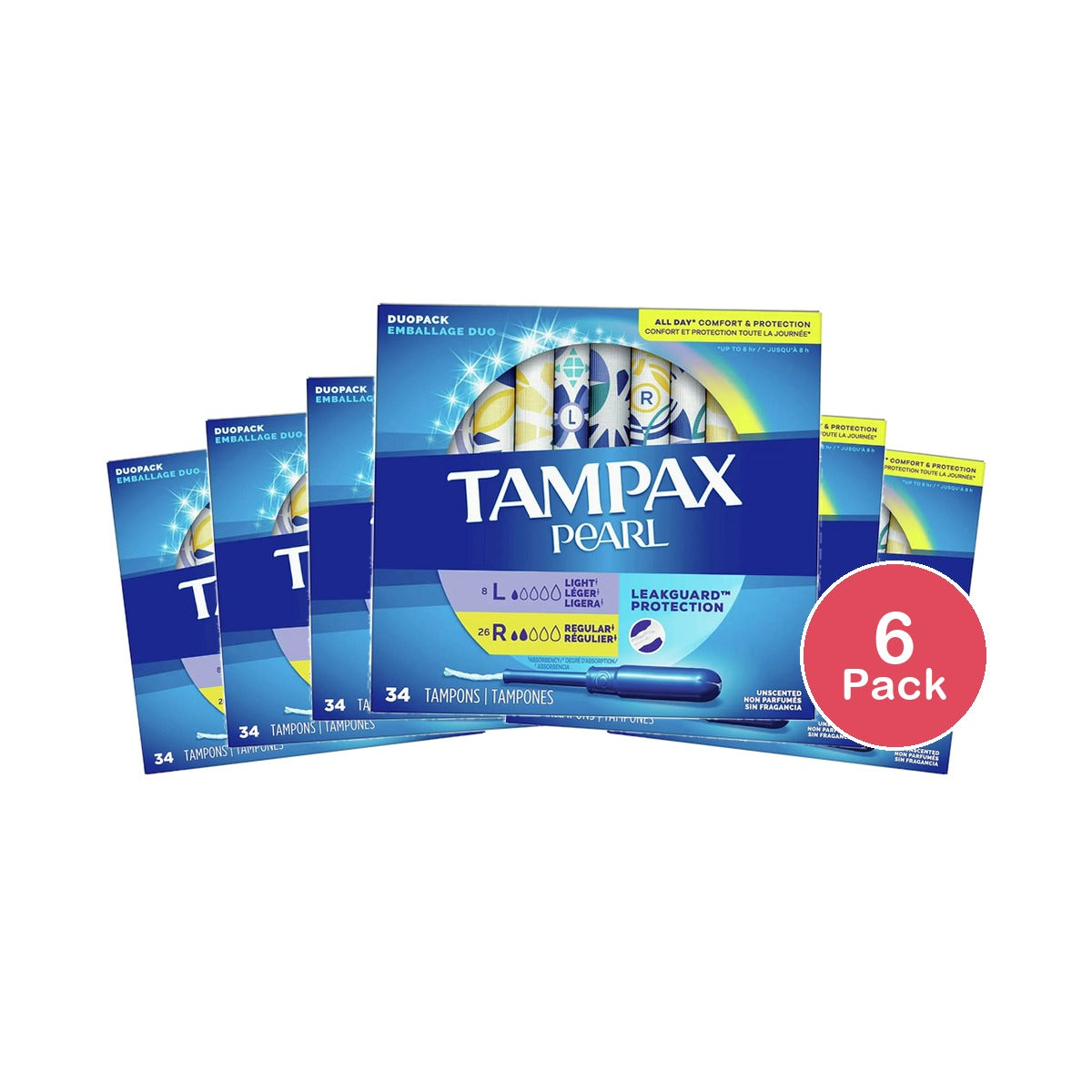 Tampax Pearl Tampons Duo Pack Light And Regular Absorbency Unscented 7.2Oz (Pack of 6)