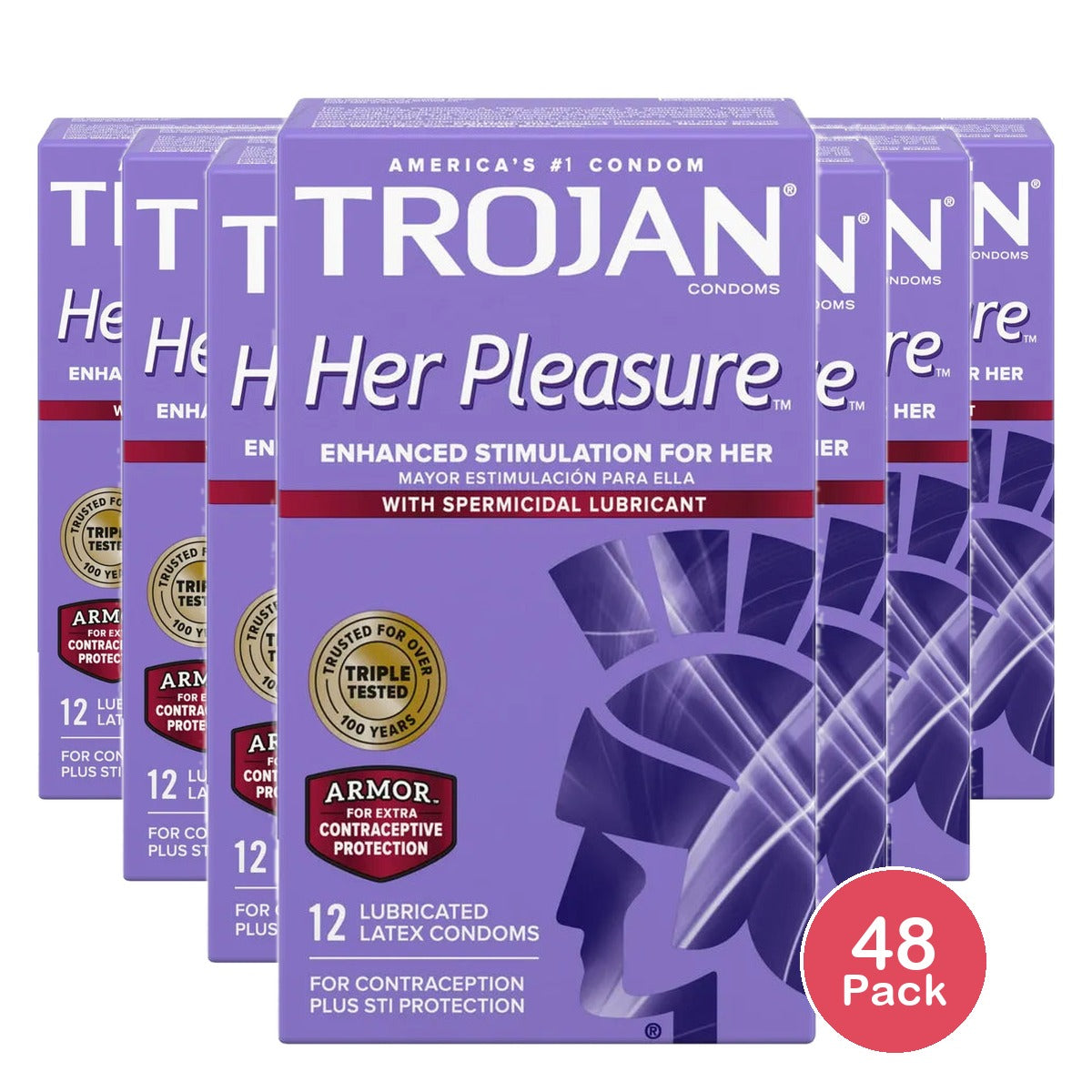 Trojan Her Pleasure Sensations Spermicidal Lubricant Condoms 2.11oz (Pack of 48)