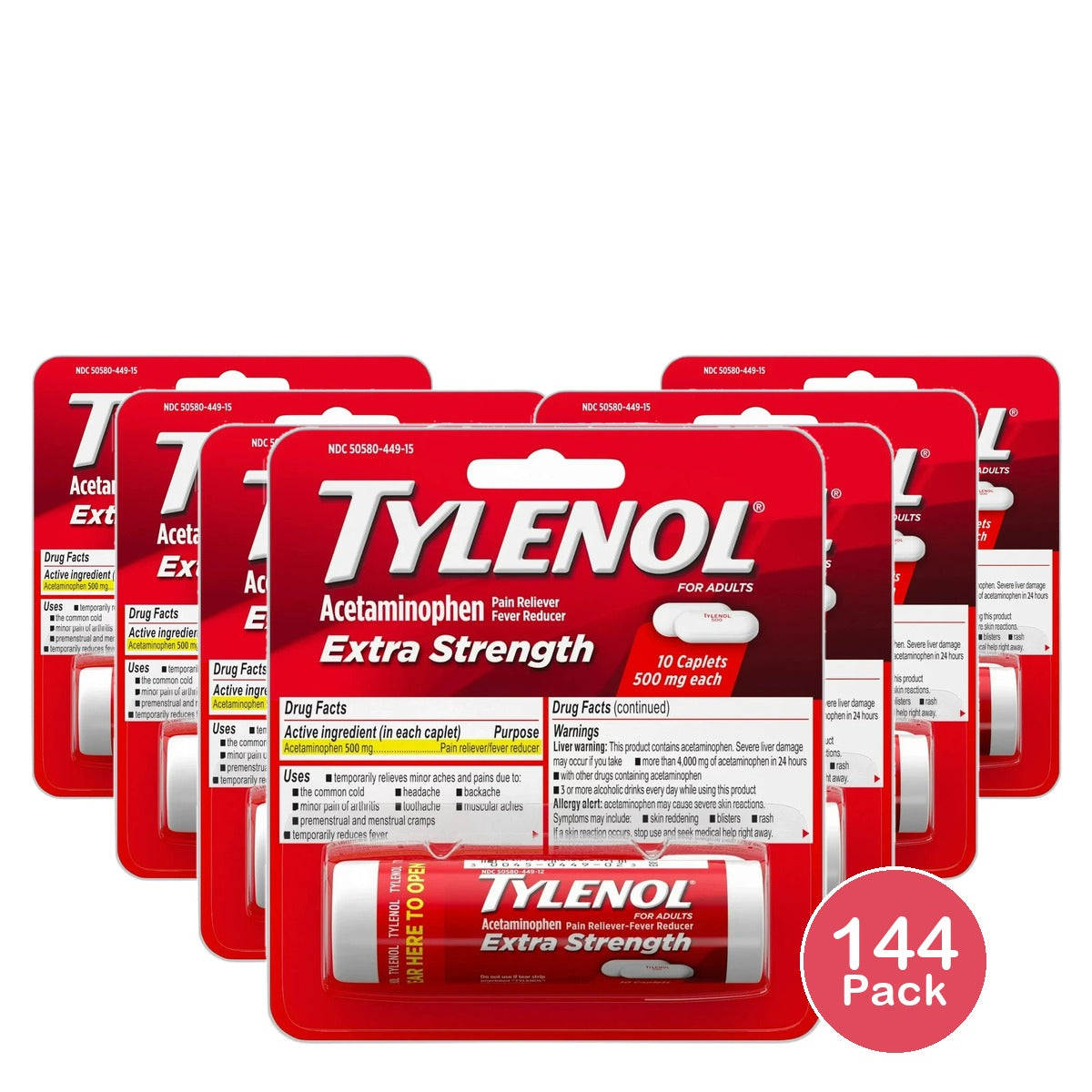 Tylenol Extra Strength Pain Reliever And Fever Reducer Caplets10 Ea 1.65Oz (Pack of 144)
