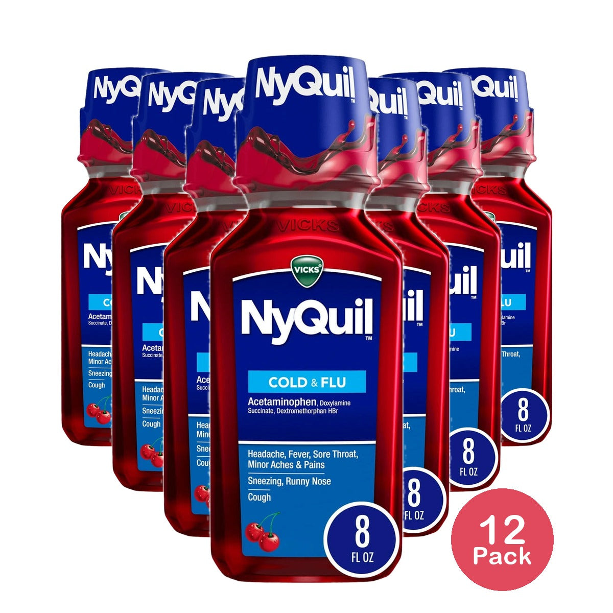 Vicks 44 Nyquil Cold and Flu Relief Liquid, Cherry, 8 fl oz (Pack of 12)