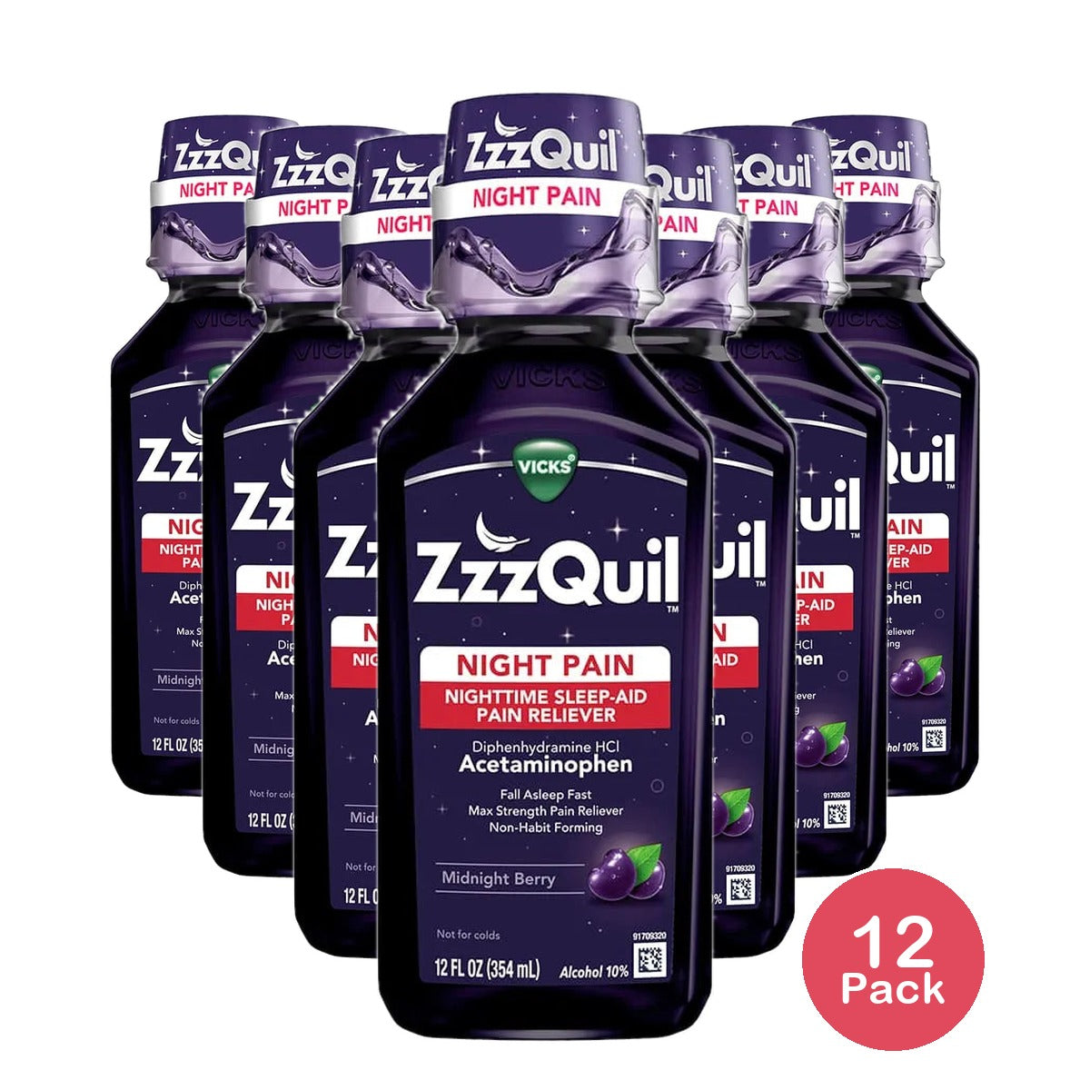 Vicks ZzzQuil Night Time Sleep Aid Pain Reliever Syrupm Midnight Berry Flavored 12Oz (Pack of 12)