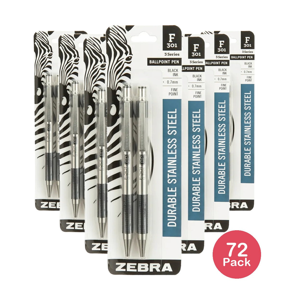 Zebra F-301 Stainless Steel Retractable Ballpoint Pen Fine Point 0.7 mm Black Ink 2.4Oz (Pack of 72)